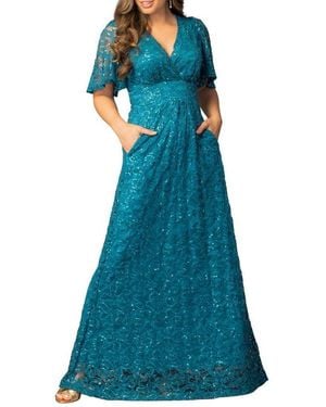 Kiyonna Luminous Sequin Lace Evening Gown - Blue