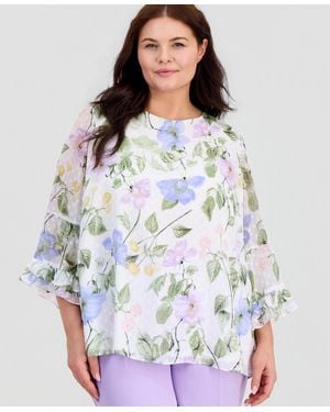 Kasper Plus Size Floral Clip-dot Flounce-sleeve Blouse - Gray