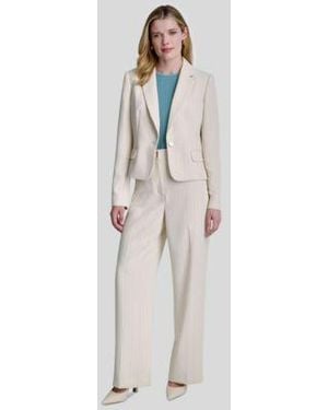 DKNY Long Sleeve Cropped Blazer Short Sleeve Knitted Top Straight Fit Pinstripe Trouser Pants - White