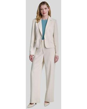 DKNY Long Sleeve Cropped Blazer Short Sleeve Knitted Top Straight Fit Pinstripe Trouser Pants - White
