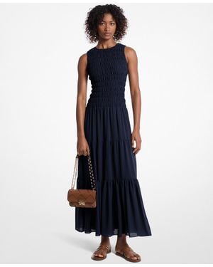 Michael Kors Smocked Scoop Neck Fit & Flare Dress - Blue