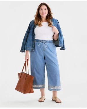 Style & Co. Plus Size Sequined Pull-on High-rise Cropped Wide Leg Jeans - Blue