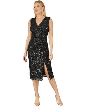 Yumi' Sequin Fitted Wrap Dress With Split Hem - Black