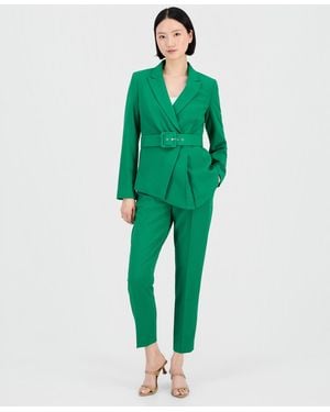 Tahari Belted Asymmetrical Jacket & Slim-fit Pantsuit Set - Green