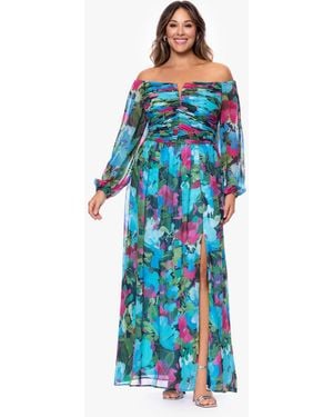 Xscape Plus Size Off-the-shoulder Long-sleeve Printed Gown - Blue