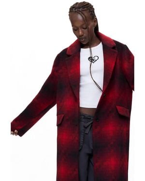 Desigual Plaid Long Wool-blend Coat - Red