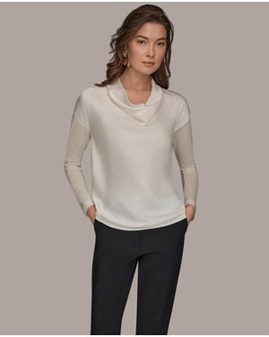 Donna Karan Long-sleeve Mix Media Cowl Front Top - Gray