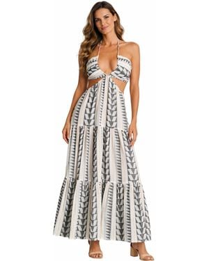 La Moda Clothing Luxury Printed Cut-out Maxi Dress - White