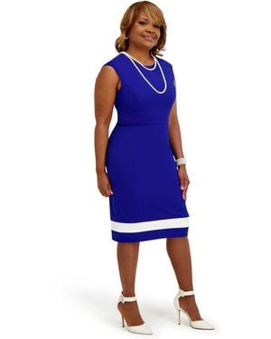 Kasper Seam Crewneck Stripe Detail Sheath Dress - Blue