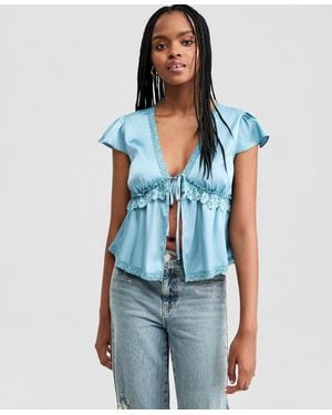 And Now This Satin Lace Peplum-hem Top - Blue
