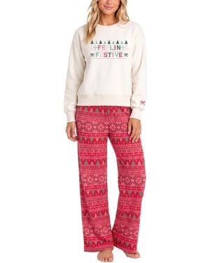Roudelain Long-sleeve Fleece Fair Isle Pajama Top And Pants - Red