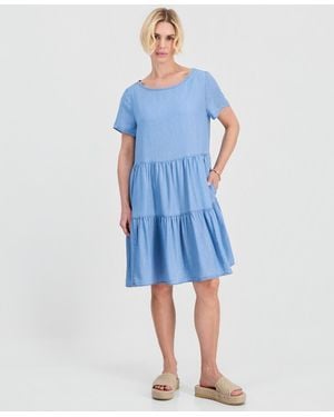 Style & Co. Petite Round-neck Tiered Short-sleeve Dress - Blue
