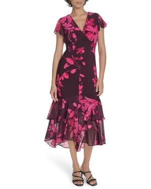 Tommy Hilfiger Flutter Sleeve Chiffon Dress - Red