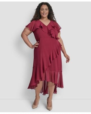 DKNY Plus Size V-neck Ruffled High-low Hem Dress - Red
