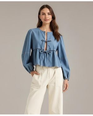 Modenaire Roma Denim Tie-front Peplum Blouse - Blue