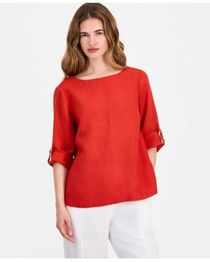 Charter Club Petite 100% Linen Cuffed Top - Red