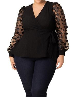 Kiyonna Plus Size Scattered Petals Long Sleeve Wrap Top - Black