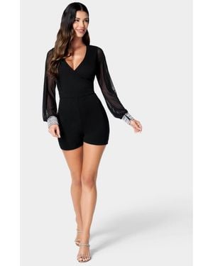 Bebe Crystal Cuff Sheer Sleeve Romper - Black