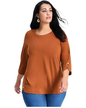 Avenue Plus Size Sabrina Btn Dtl 3/4 Slv Top - Orange