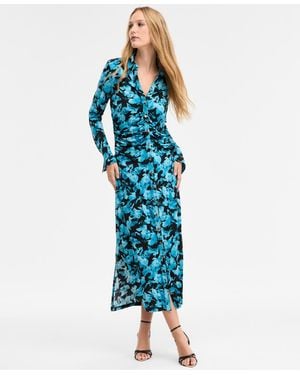 INC International Concepts Printed Long Sleeve Collared Maxi Dress - Blue