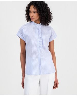 Anne Klein Striped Ruffled Neck Button Front Blouse - White