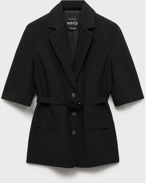 Mango Belted Linen-blend Suit Jacket - Black
