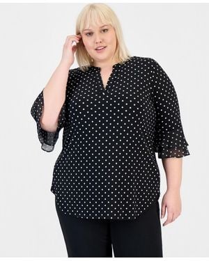 Kasper Plus Size Dot-print Flutter-sleeve Blouse - Black