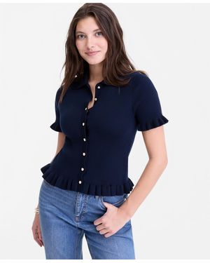 On 34th Short-sleeve Ruffle-trim Collared Sweater - Blue