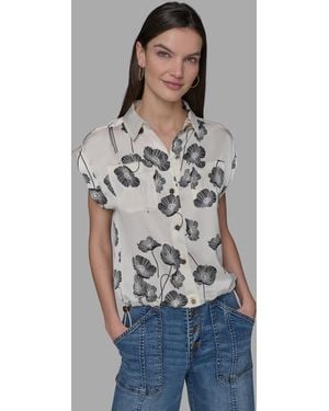 売れ筋商品|||カールラガーフェルド カットソー トップス レディース Plus Size Flower-Print Button-Down Shirt Black Cream Women Retro Cross Graphic Ribbed Grunge Tops Y2K Round-Neck