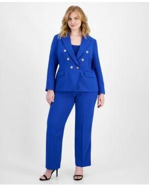 Tahari Asl Plus Twill Double Breasted Peak Lapel Blazer Ribbed Scoop Neck Sweater Tank Bell Bottom Pants - Blue
