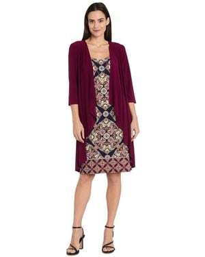 R & M Richards Printed Interlock Twist Yarn Jacket Dress - Red