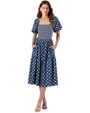 Modenaire Smocked Puff-sleeve Tiered Midi Dress - Blue
