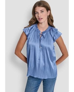 DKNY Short-sleeve Pleated Tie Front Blouse - Blue