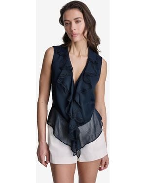 BCBGMAXAZRIA Ruffled V-neck Sleeveless Blouse - Blue