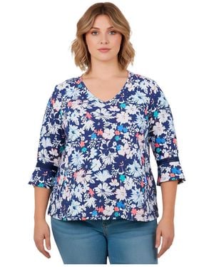 Avenue Plus Size Crochet Trim Ruffle Sleeve Top - Blue
