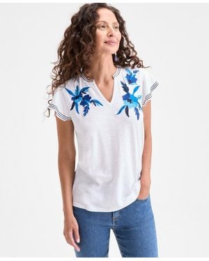 Style & Co. Petite Embroidered Cotton Flutter-sleeve Top - White