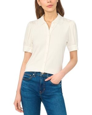 Cece Scallop-trim Collared Short-sleeve Button-front Top - White
