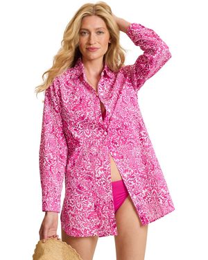 Tommy Bahama Collared Neck Swim Cover-up Shirt - Pink