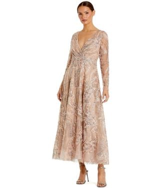 Mac Duggal Floral Embroidered V-neck Long Sleeve Midi Dress - Natural