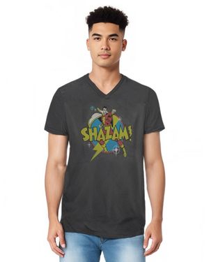 Dc Shazam Dc Comics Shazam Power Bolt Short Sleeve V Neck Premium Cotton Tee / T-shirt - Gray