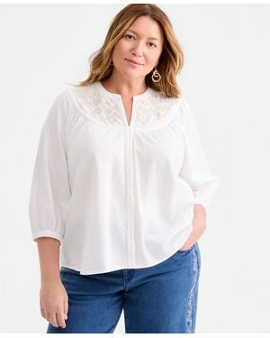 Style & Co. Plus Size Embroidered-floral 3/4 Sleeve Blouse - White