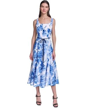 KARL LAGERFELD Floral Fit & Flare Belted Midi Dress - Blue
