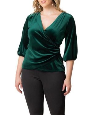 Kiyonna Plus Size Odette Velvet Faux Wrap Top - Black