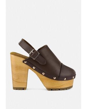 Rag & Co Alona Slingback High Block Heeled Clogs - Brown