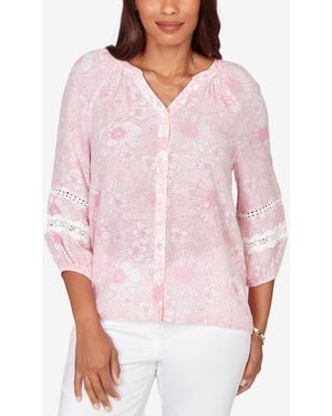 Ruby Rd. Petite Floral Silky Gauze Peasant Top - Pink