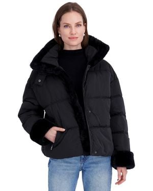 Tahari Sherpa Cuff And Collar Puffer Coat - Black