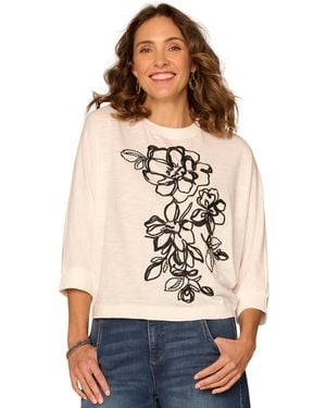 Democracy Petite Scoop Neck Embroidered Knit Top - Natural