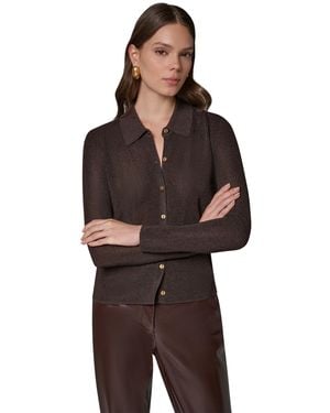 Donna Karan Petite Long-sleeve Metallic-knit Polo - Brown