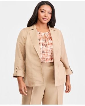 Kasper Plus Size Open-front Seamed Roll-tab-sleeve Jacket - Natural