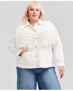 And Now This Trendy Plus Size Fringe-trim Cotton Denim Jacket - White